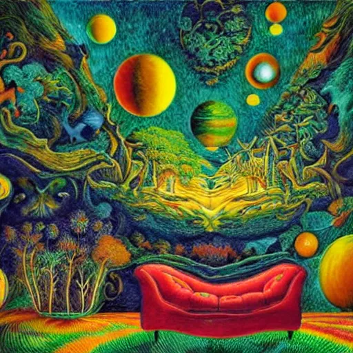 Image similar to psychedelic couch sofa in the lush forest, milky way, designed by moebius, rob gonsalves, gustav dore, giuseppe arcimboldo and carl barks, louis wain, trending on artstation, mediterranean, star, sharp focus, colorful refracted sparkles and lines, soft light, 8 k 4 k