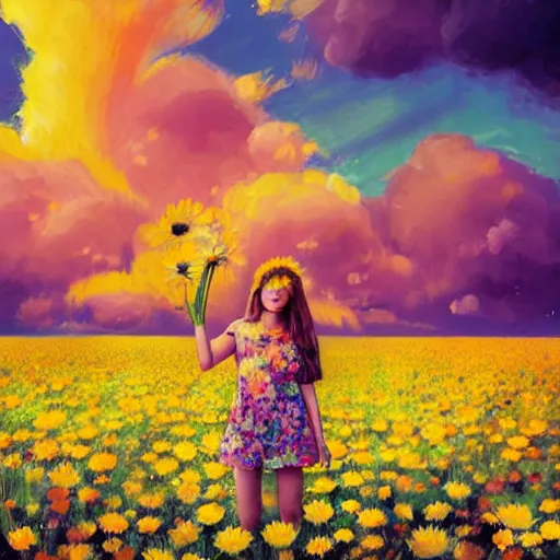 Prompt: girl face made of giant daisies, standing in a flower field, holding flowers, surreal photography, sunset dramatic light, impressionist painting, colorful clouds, large sky, digital painting, artstation, simon stalenhag