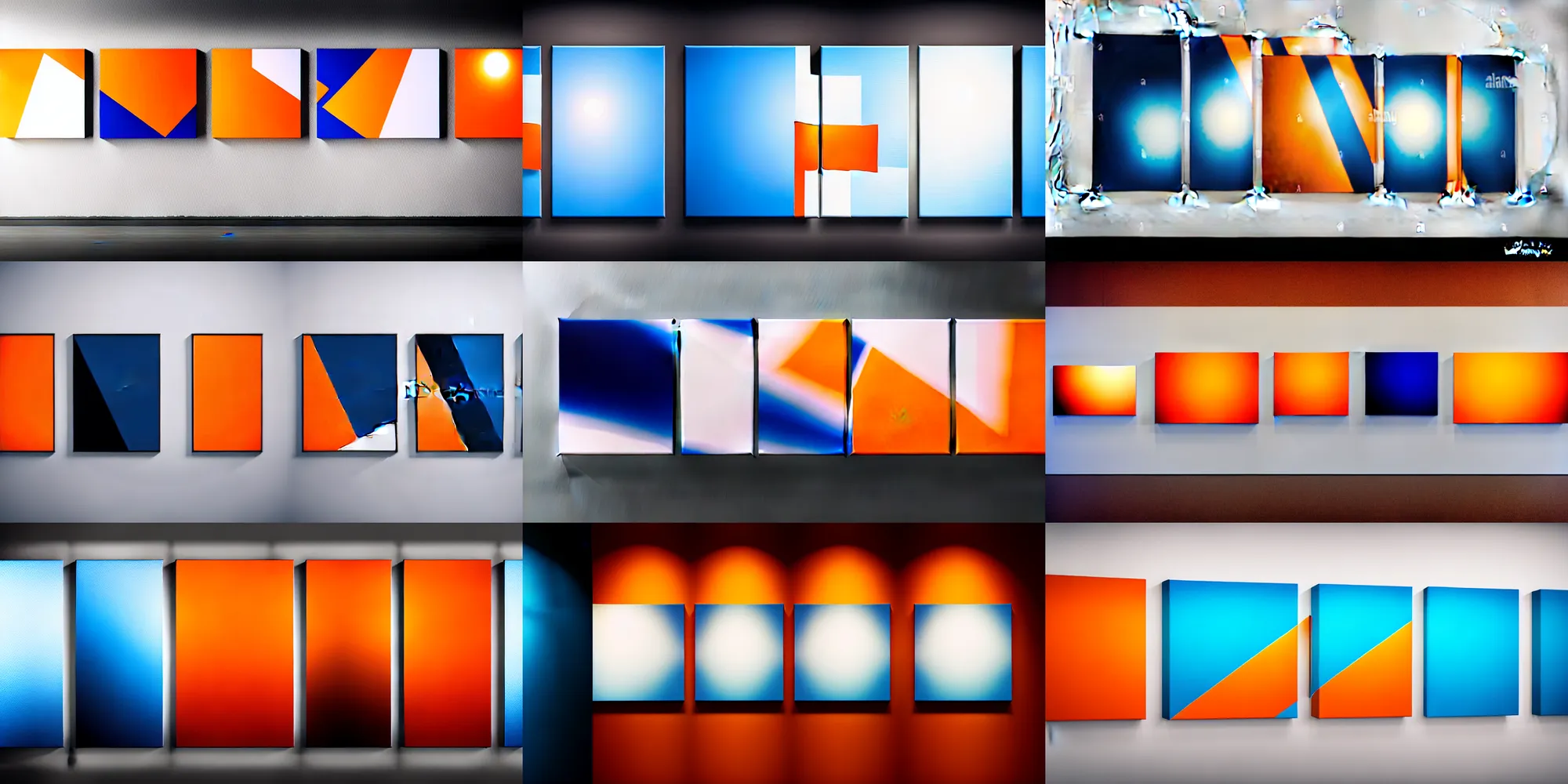 Prompt: triptych canvas hyperrealistic rendering on very beautiful white wall with beautiful contrast of light and shadow, orange to blue gradient luminescence, professional foto, front elevation, optical illusion, close - up, in focus, reflection, cinematic frame