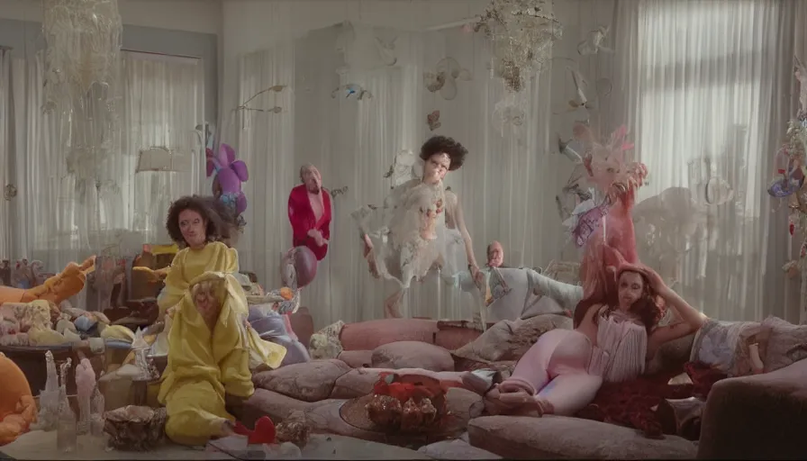 Prompt: movie still by alejandro jodorowsky of a beautiful day in a family living room in suburban usa, visible magic energy, dream creature costumes, floating large fruit, exotic aquarium, digital parade float, cinestill 8 0 0 t eastmancolor technicolor, high quality, very detailed, heavy grain, fine facial features, 8 k, octane render