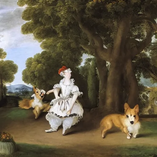 Image similar to oil painting by watteau of two corgis dancing in a formal garden.