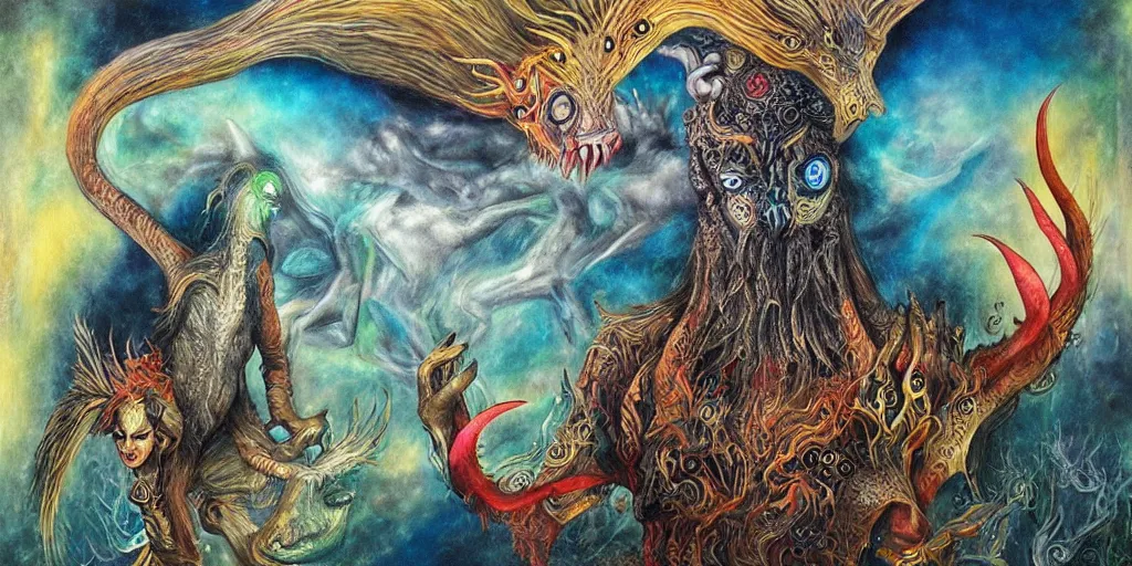 Image similar to mythical creatures and monsters in the imaginal realm of the collective unconscious, surreal mixed media painting by ronny khalil