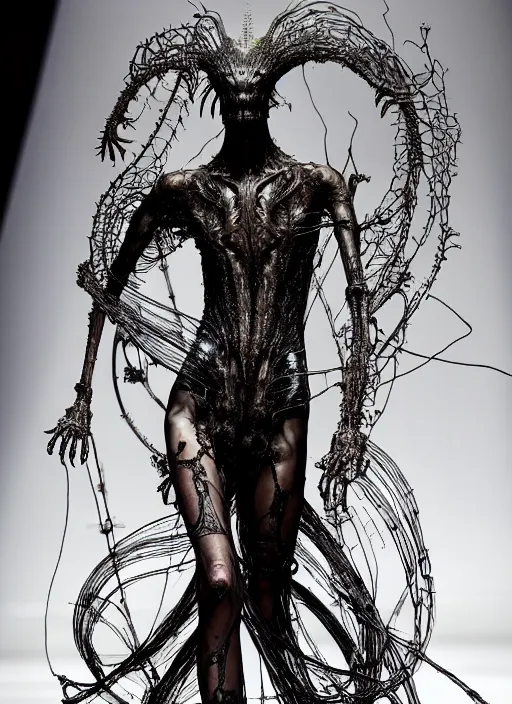 Image similar to walking down the catwalk, ben watts, show, stage, vogue photo, podium, fashion show photo, historical baroque dress dark, iris van herpen, beautiful woman, masterpiece, intricate, biopunk, vogue, full body shot, alien, plant predator, guyver, giger, wires, tubes, veins, jellyfish, white biomechanical details, highly detailed