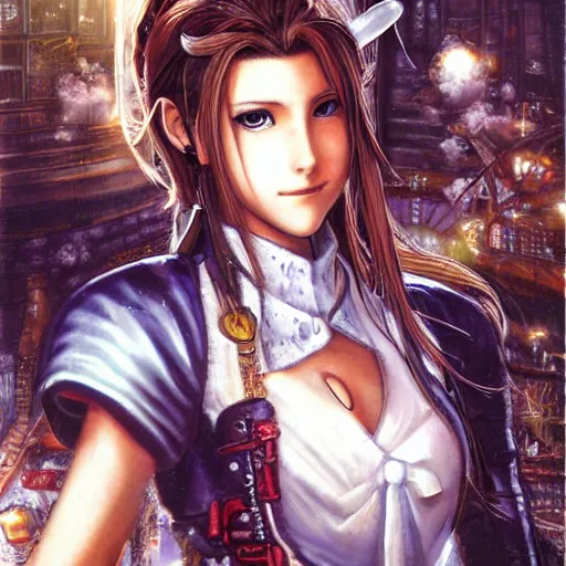 Image similar to a portrait painting of aerith from from final fantasy 7 with the steam punk city midgard as backfrop by master artist yoshitaka amano