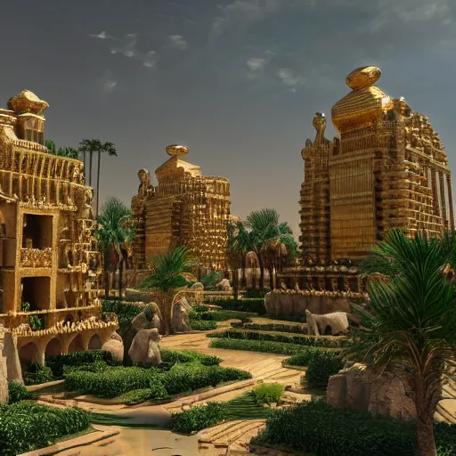 Image similar to gardens of Babylon made of gold towers, architecture, realistic, epic scale, mountains, palm trees, dramatic lighting, 8k, post processing, trending on artstation, environment highly detailed