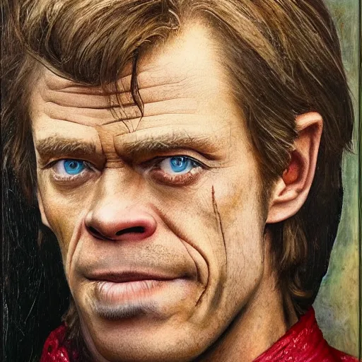 Image similar to portrait of chris hemsworth combined with willem dafoe and steve buscemi, oil painting by jan van eyck, northern renaissance art, oil on canvas, wet - on - wet technique, realistic, expressive emotions, intricate textures, illusionistic detail