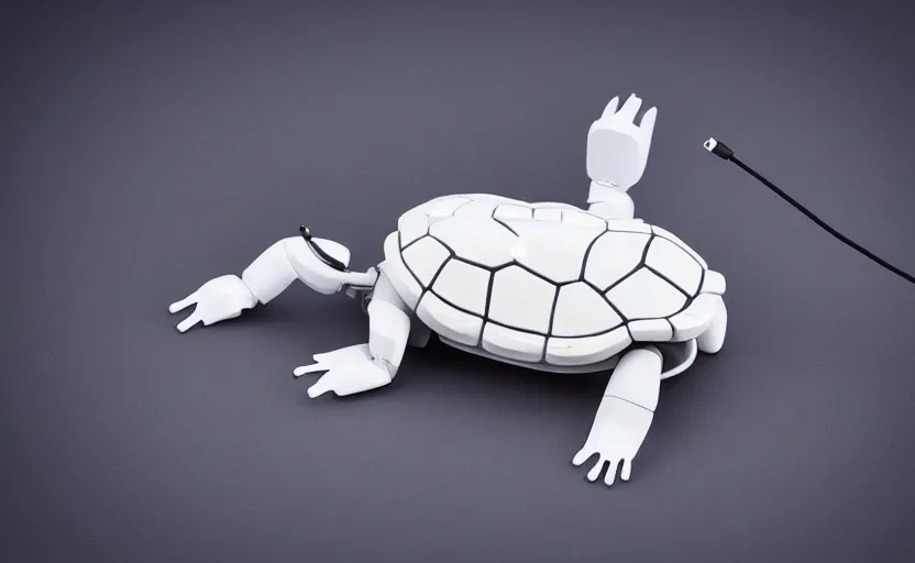 Prompt: artificial Intelligence turtle with modular-synth dials, knobs and a small AMOLED display on its shell, LED light accents, sleek design by apple, triple white colorway, modular-synth, VST, 4k, 33mm, high quality photo,