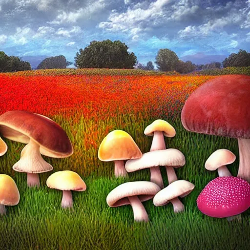 Image similar to field of colorful mushrooms, realistic, pretty