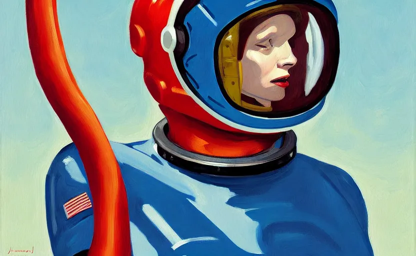 Image similar to Portrait of a woman astronaut with helmet and latex suit, very coherent, painted by Edward Hopper, painted by James Gilleard, airbrush, art by JamesJean