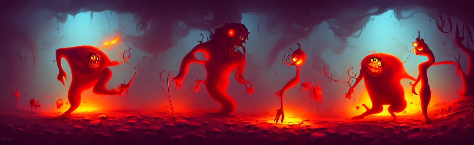 Prompt: wild whimsical fiery mutants from the depths of a wasteland deep in the imaginal realm, dramatic lighting, surreal fleischer cartoon characters, shallow dof, surreal painting by ronny khalil