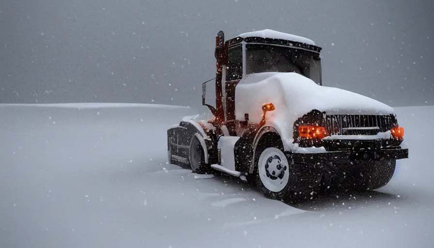 Image similar to snowplow covered by snow in beautiful winter landscape. fog, snowstorm, photorealistic rendering, octane, depth of field, blurry