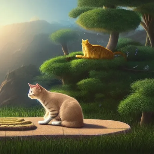 Image similar to a cat zen master meditating on hillside, next to a cute cat, concept art by chris labrooy, cgsociety, retrofuturism, sci - fi, concept art, futuristic