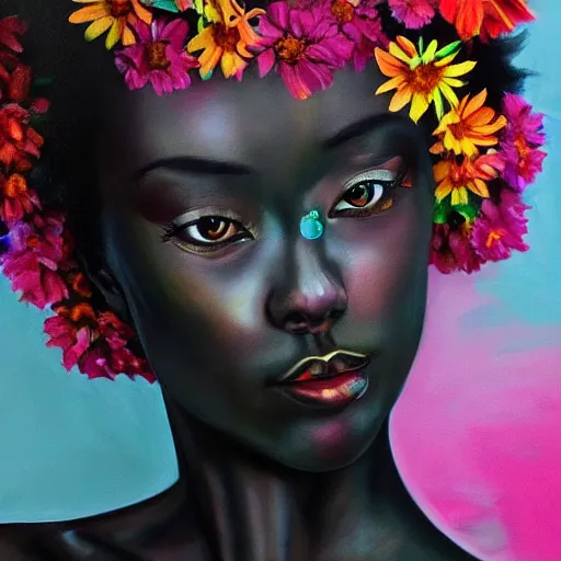 Image similar to super realistic painting of a black woman combined with flowers, colorful, highly detailed, 4k, trending on artstation
