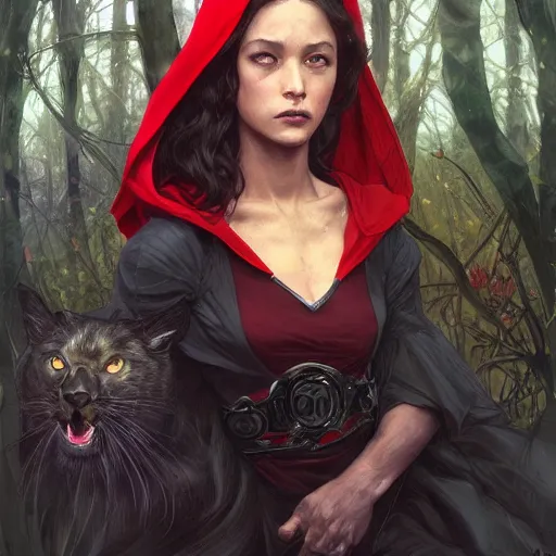 Image similar to Beautiful Portrait of Little Red Riding Hood with a black panther, intricate, wild, highly detailed, digital painting, artstation, concept art, smooth, sharp focus, illustration, art by artgerm and greg rutkowski and alphonse mucha, footage from space camera