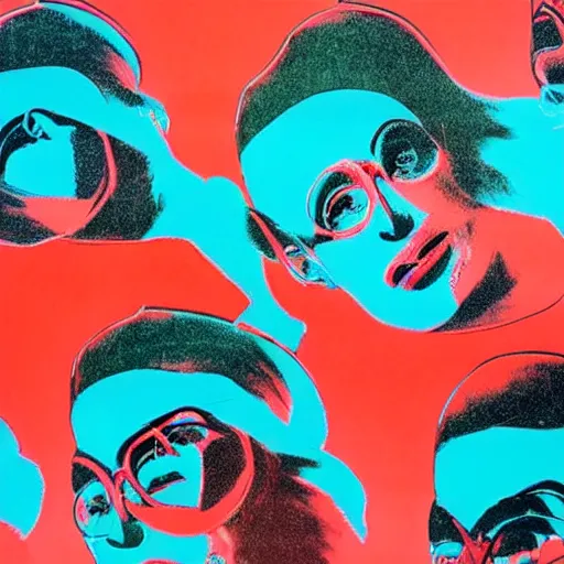 Image similar to silkscreen and lithography to create colorful cyborgs in the style of andy warhol