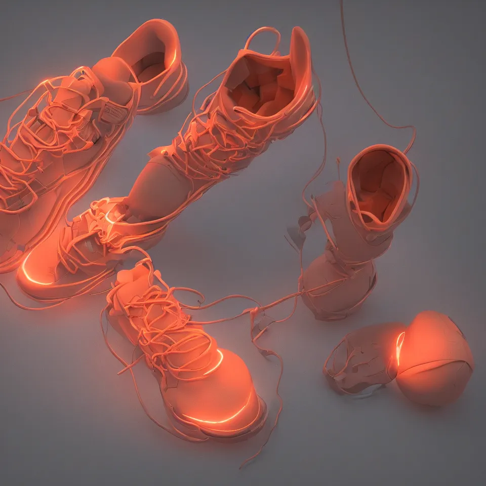 Image similar to realistic 8 k sculpture of 1 futuristic sneaker with neon illuminated rubber soles and soft orange laces on a grey surface, clean 3 d render, beautiful studio lighting, soft, sharp focus, cyberpunk, intricate detail, gold and red accents, soft rubber, octane render, trending on artstation, deviantart, art by syd mead