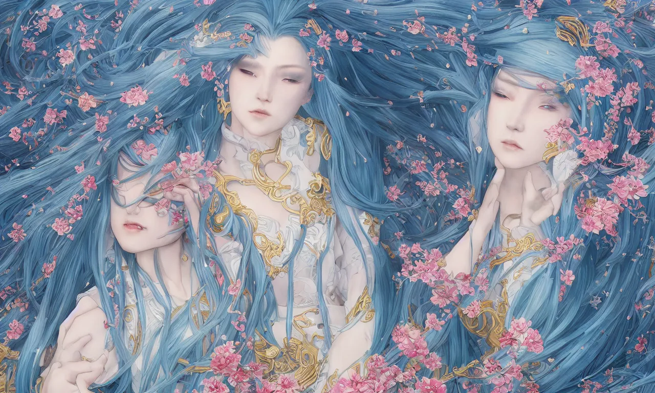 Image similar to breathtaking detailed painting by pilyeon and yuumei art, a full shot samurai queen with long flowing bright blue hair, gauze dress and pastel flowers petals and golden tumultuous clouds, symmetrical facial features, at dawn in front of a pristine golden art nouveau cathedral, elegant, highly detailed, artstation, concept art, matte, sharp focus,