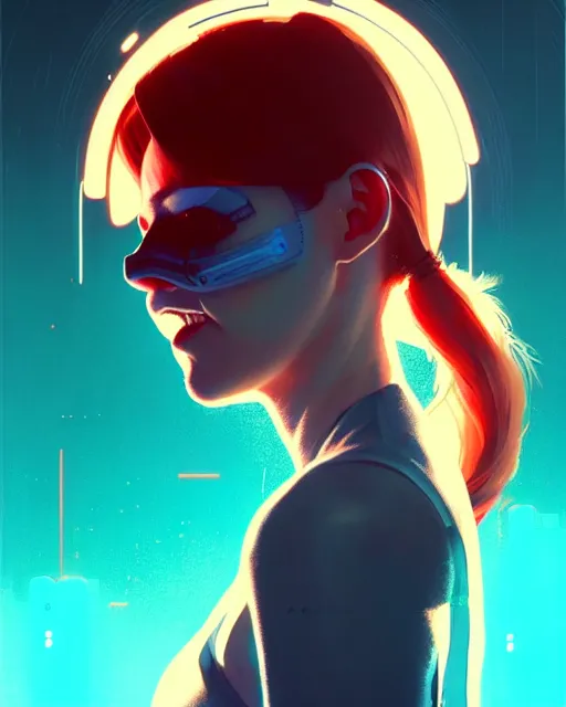 Image similar to cyberpunk synth, hyper - realistic detailed portrait of a smiling girl, red hair, by atey ghailan, by greg rutkowski, by greg tocchini, by james gilleard, by joe fenton, by kaethe butcher, 8 k, very intricate, dynamic lighting, gradient light blue, brown, blonde cream and white color scheme, sharp focus, grunge aesthetic