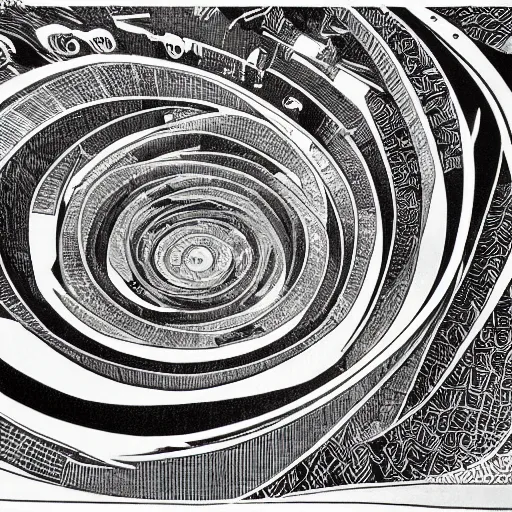 Prompt: a whirlpool of fish by mc escher, black and white, highly detailed