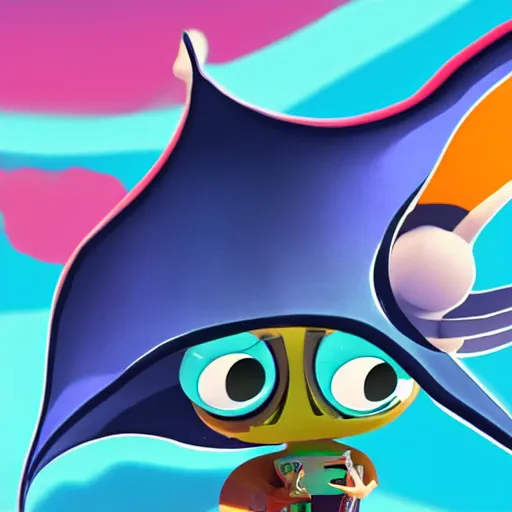 Image similar to a manta ray character who sells paints, designed by splatoon nintendo, inspired by tim shafer psychonauts 2 by double fine, cgi, professional design, gaming