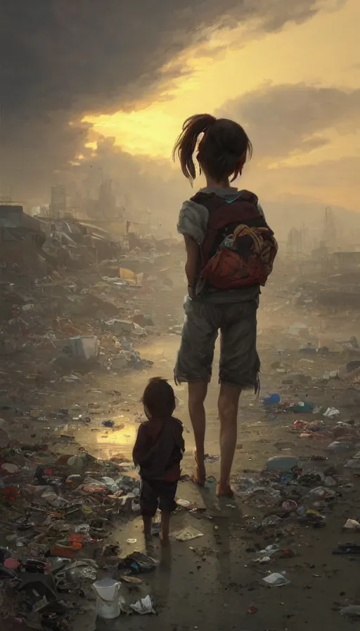 Image similar to poor detailed child with backpack standing at cars looking for food at garbage dump, destroyed cars, city is pure wasteland, moody sunset in background, greg rutkowski, alphonse mucha, trending on artstation, artgerm, unreal engine, breathtaking, award winning, highly detailed