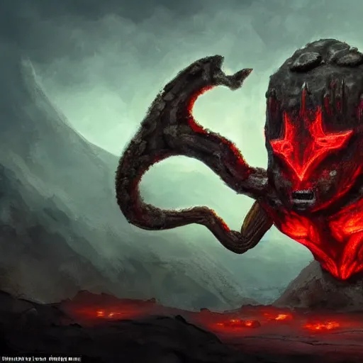 Prompt: a large rock elemental with glowing red runes adorning its body, it has a head shaped like a medieval helmet and one of its arms is much larger than the other, it stands menacingly with the camera looking up at it, high quality fantasy art