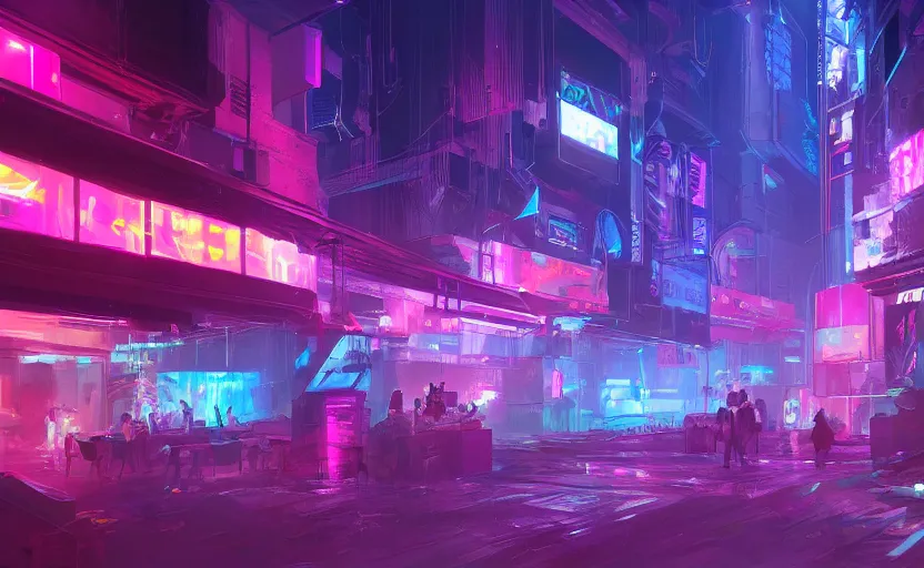 Prompt: playing area, indoot, neon lights, cyberpunk, highly detailed, digital painting, architecture, artstation, concept art, sharp focus, illustration