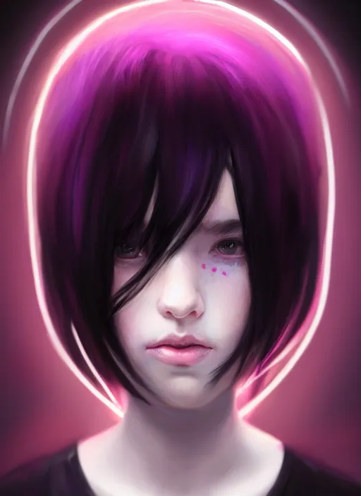 Image similar to portrait of teenage girl with white bangs, red irises, black hair, purple clothes, white bangs, bangs are different color from hair, intricate, front of hair is white rest is black, elegant, glowing lights, highly detailed, digital painting, artstation, concept art, smooth, sharp focus, illustration, art by wlop, mars ravelo and greg rutkowski