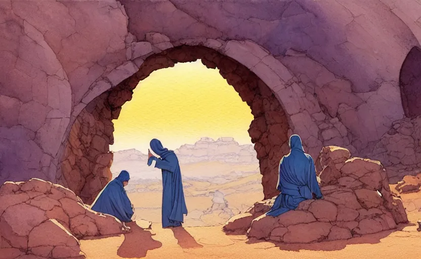 Prompt: a hyperrealist watercolour concept art of a desert night. through a large rock arch is a time portal to a clear blue sky. a medieval monk in grey robes is kneeling in prayer below it on a desert road at night. by rebecca guay, michael kaluta, charles vess and jean moebius giraud. high detail, hq, wide shot