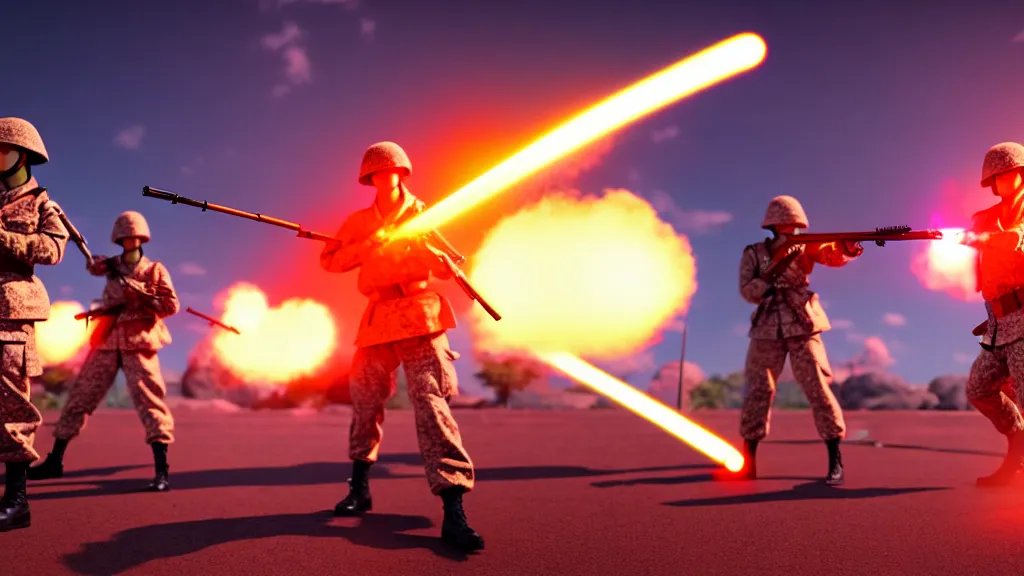 Image similar to two futuristic japanese soldiers firing away from the camera, eye catching composition, realistic, unreal engine 5, global illumination, detailed environment, bright colours, cinematic, atmosphere, 4 k