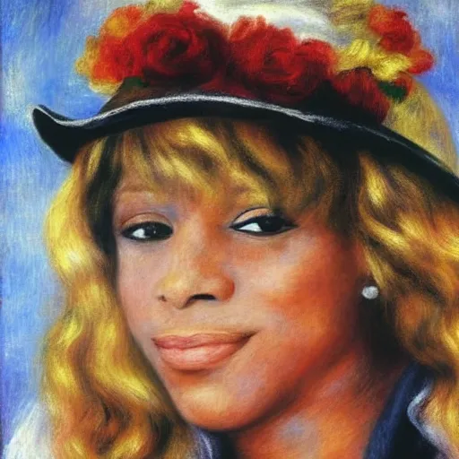 Image similar to a Renoir p;or trait of Mary j blige with blonde hair and smiling.