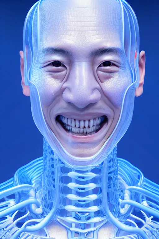 Image similar to hyperrealistic close-up translucent intricate exoskeleton!! smiling chinese man covered highly detailed concept art eric zener elson peter cinematic side soft blue light high angle hd 8k sharp shallow depth of field