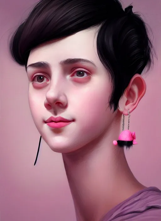 Image similar to portrait of teenage girl, realistic, black hair, bangs, half updo hairstyle, pointy nose, skinny, smile, ugly, defined jawline, big chin, pink hair bow, earrings, intricate, elegant, glowing lights, highly detailed, digital painting, artstation, sharp focus, illustration, art by wlop, mars ravelo and greg rutkowski