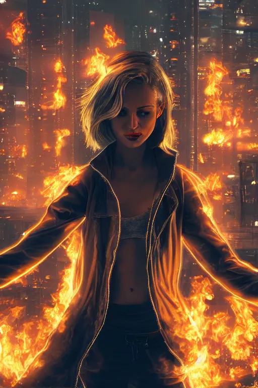 Prompt: wonderful young blonde woman with flames dancing on her hands with a long jacket in a cyberpunk city, realistic, high definition, detailed and symetric face, detailed and realistic hands, expressive eyes, 4 k, shimmering color, epic digital art