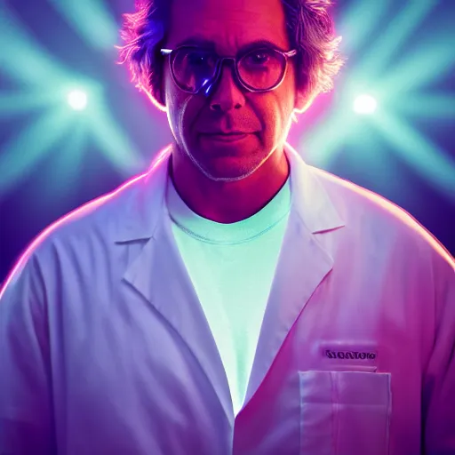 Prompt: portrait of rick sanchez, lab coat and tee shirt, lens flare, atmosphere, glow, detailed, intricate, full of colour, cinematic lighting, 4 k, hyperrealistic, focused, extreme details, cinematic, masterpiece