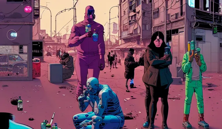 Prompt: cyborg drinking Coke at a dirty crowded streetcorner, cyberpunk, by Josan Gonzalez and Tomer Hanuka and Moebius, bokh, dof