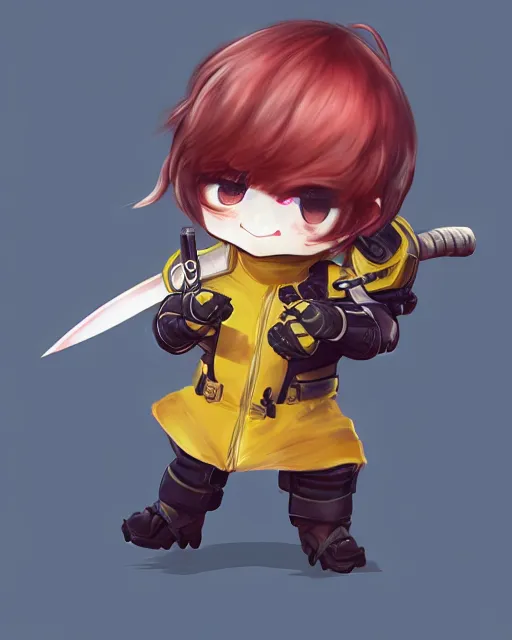 Image similar to a chibi combat kid wearing a puffy yellow jacket and a katana, smooth, intricate, elegant, digital painting, artstation, concept art, sharp focus, octane render, illustration, art by ayami kojima, overwatch character,