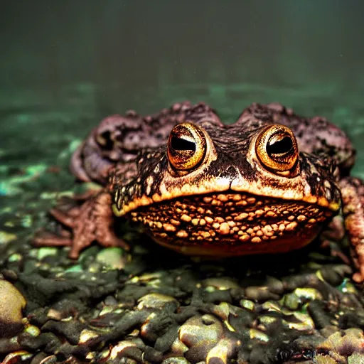 Image similar to deep camouflage angry toad evil eyes poking out eyes from under the water ultra sharp blur background simple background deep brown orange evil eyes