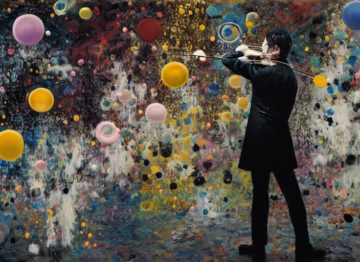 Prompt: portrait of a young violinist focusing, violin floating in air, painted by vincent lefevre and hernan bas and pat steir and hilma af klint, psychological, symmetrical face, dripping paint, washy brush, background with hundreds of bubbles of memories by andreas gursky, rendered in octane, altermodern, masterpiece