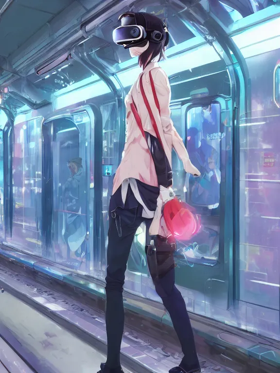 Image similar to an anime girl wearing a VR headset standing in a cyberpunk subway. By Makoto Shinkai, Stanley Artgerm Lau, WLOP, Rossdraws, James Jean, Andrei Riabovitchev, Marc Simonetti, krenz cushart, Sakimichan, trending on ArtStation, digital art.