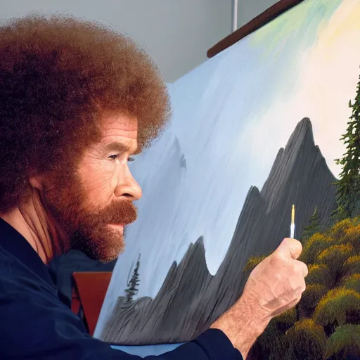 Image similar to a closeup photorealistic photograph of bob ross working on a canvas painting of darth vader. film still. brightly lit scene. mountains and trees. this 4 k hd image is trending on artstation, featured on behance, well - rendered, extra crisp, features intricate detail, epic composition and the style of unreal engine.