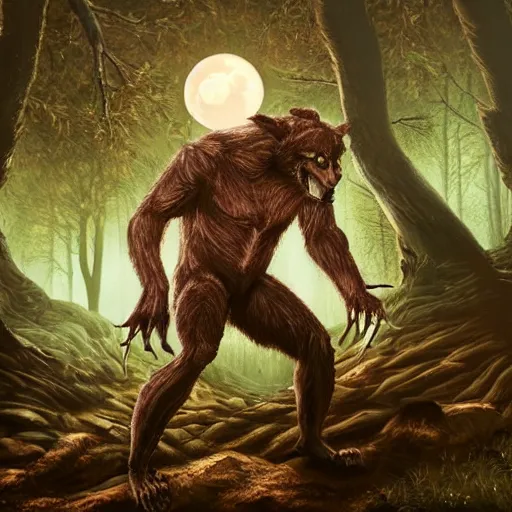 Image similar to man ripping off his skin turning into a werewolf, forest scenery, full moon, illuminated lighting, highly detailed, 4 k