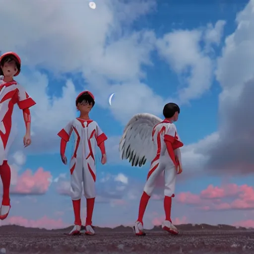 Image similar to angels in the outfield, in the style of grand chamaco and stanley kubrick, inspired by evangelion, photorealistic, epic, super technical, cinematic still