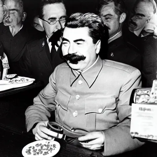 Image similar to joseph stalin enjoying a happy meal at mcdonald's