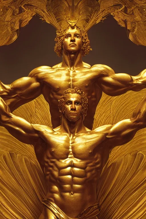 Image similar to ultra realistic illustration, a golden statue of a herculean glenn howerton as the god apollo, intricate, elegant, highly detailed, digital painting, artstation, concept art, smooth, sharp focus, illustration, art by artgerm and greg rutkowski and alphonse mucha