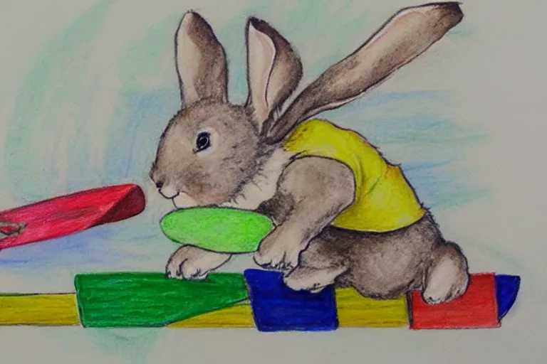 Image similar to a child's watercolor pencil painting of bunny playing skateboard.