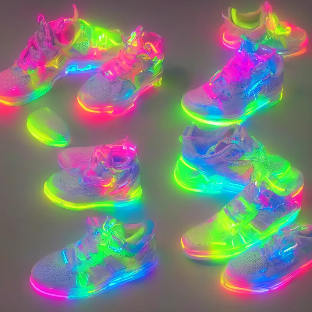 Image similar to new shoes inspired by final fantasy bright neon product photo 8k studio