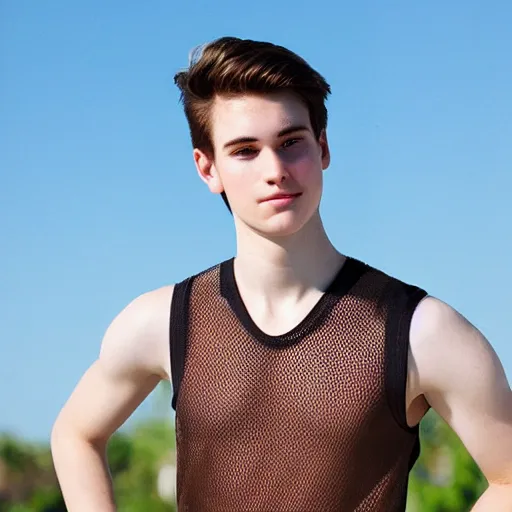 Image similar to Portrait of a 21 yo boy with natural brown hair, smooth pale skin. mesh tank top. Detailed face. Blue sky.