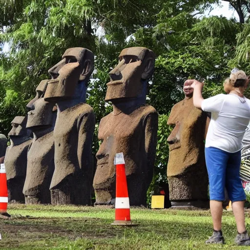 Prompt: photo of easter island natives installing the moai statues