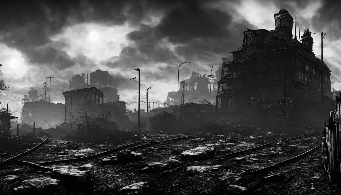 Image similar to metro exodus style, city in the horizon, dark, atmospheric, scary, claustrophobic, ambient vibe, very detailed, black and white, 4 k